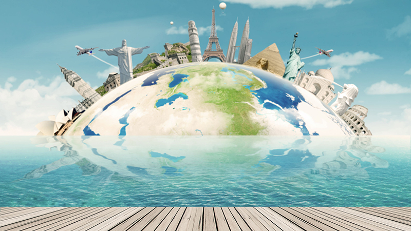 55339799 - image of a globe with the worldwide monuments for vacation. concept of travel to around the world